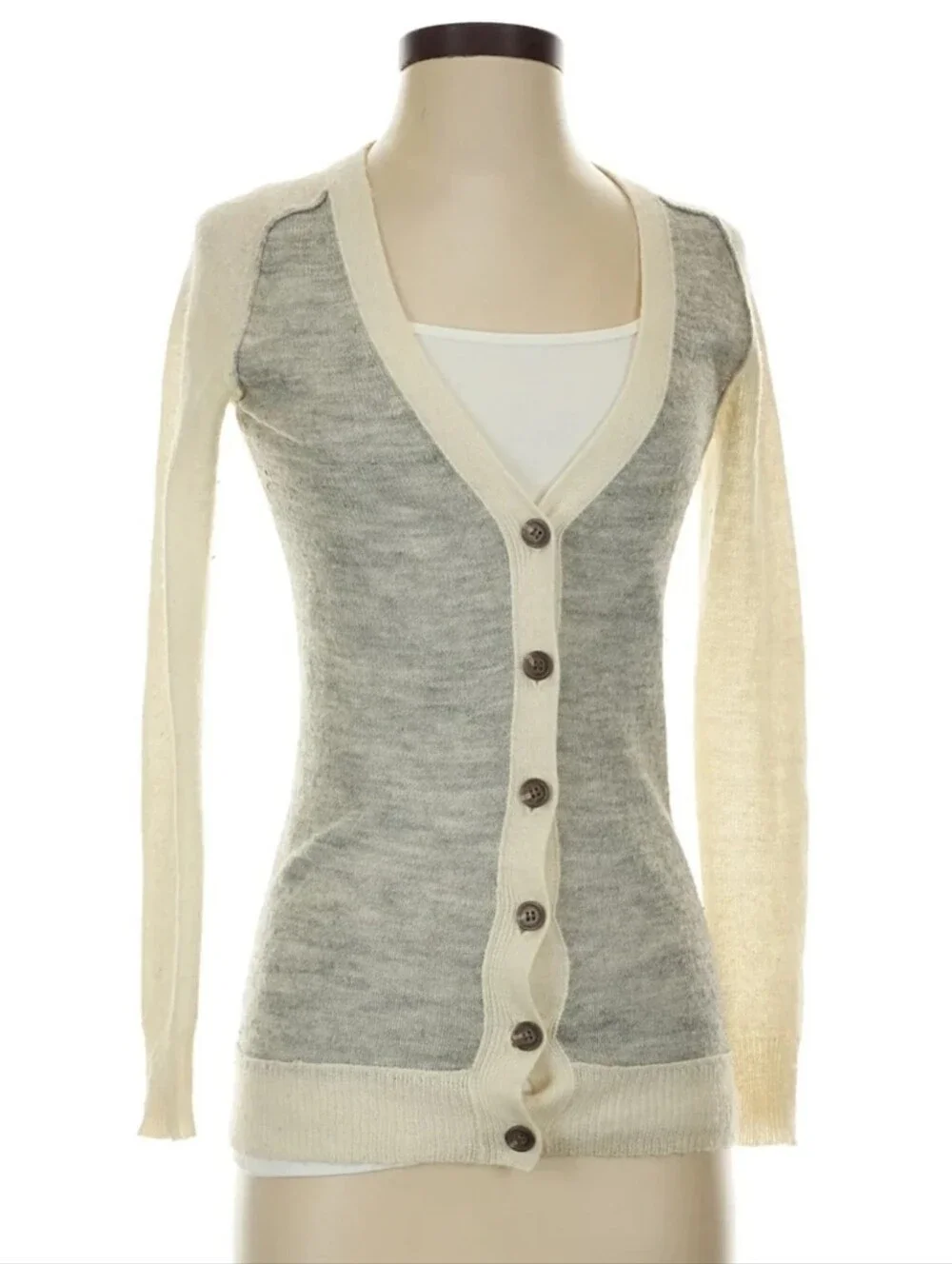J. Crew Alpaca & Wool Two-Tone Cream & Gray V-Neck Button Front Cardigan Size S